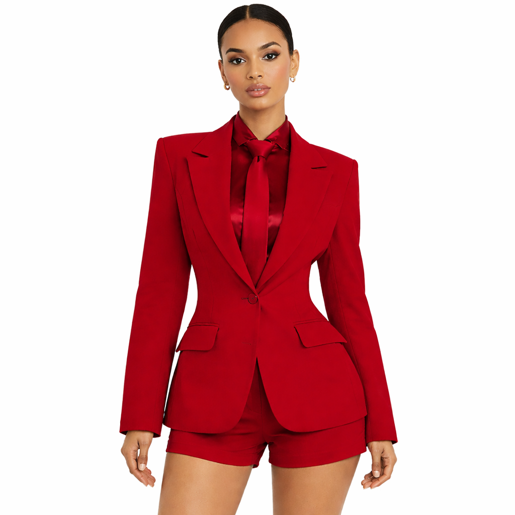 Ensemble tailleur femme rouge – Veste blazer +short chic +cravate