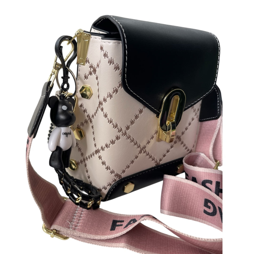 Sac à Main Bandoulière | Motif Cousu, Fermoir Doré, Porte-Clés Ours