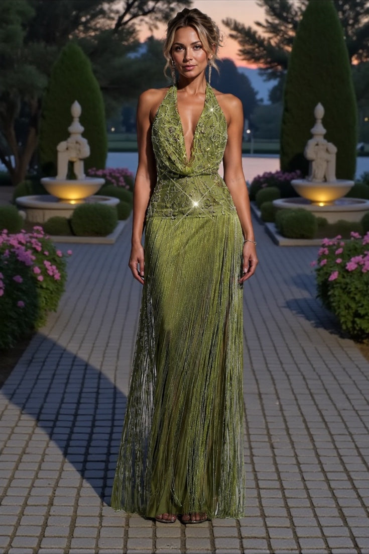 Robe Longue Glamour Franges Paillettes Vert Olive – CHERIMODE
