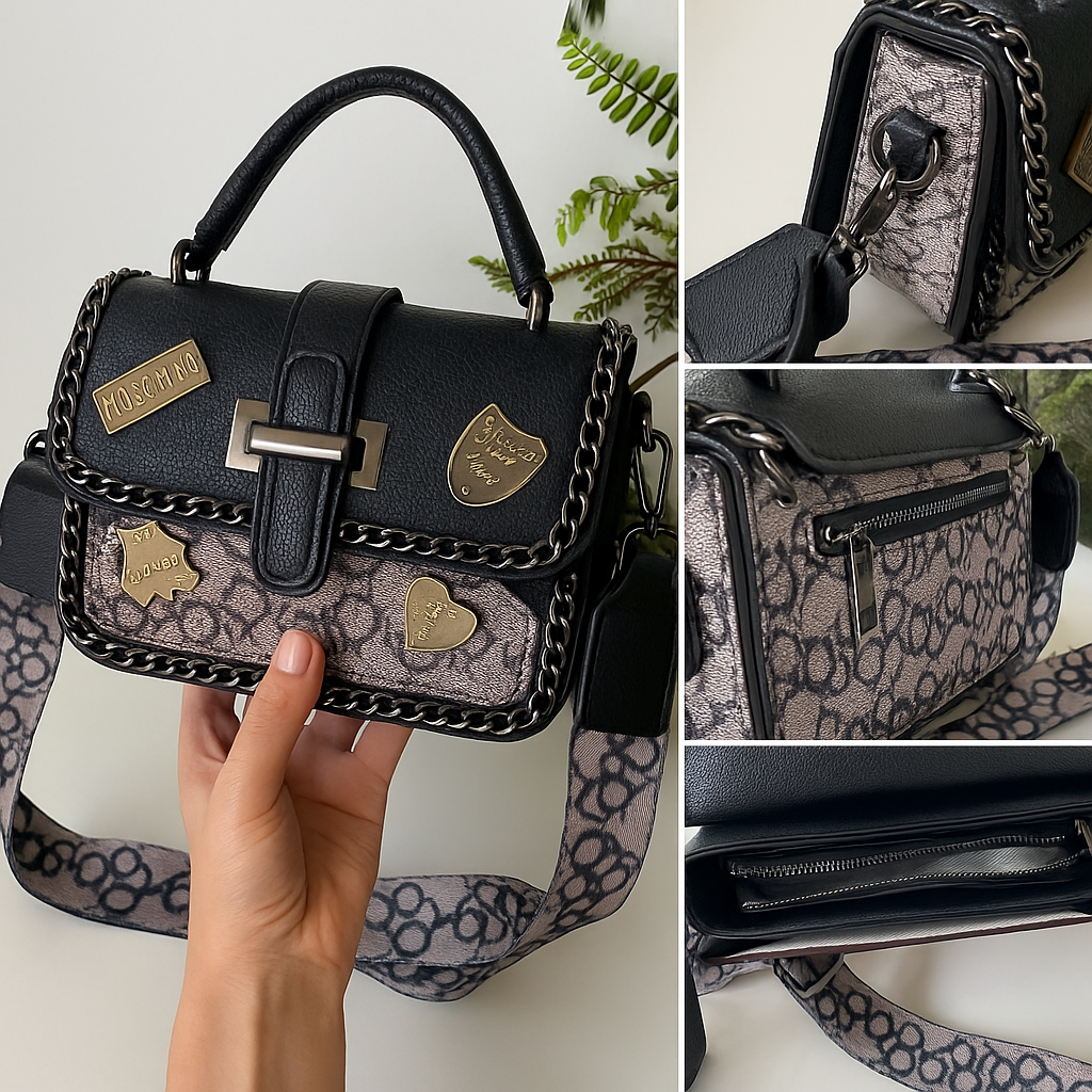 Handtasche – Schwarzes Patchwork &amp; goldene Details