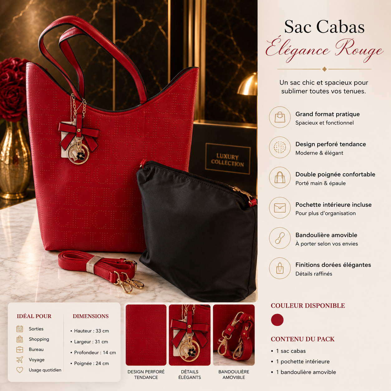 Sac Cabas Rouge Élégance – Grand Format
