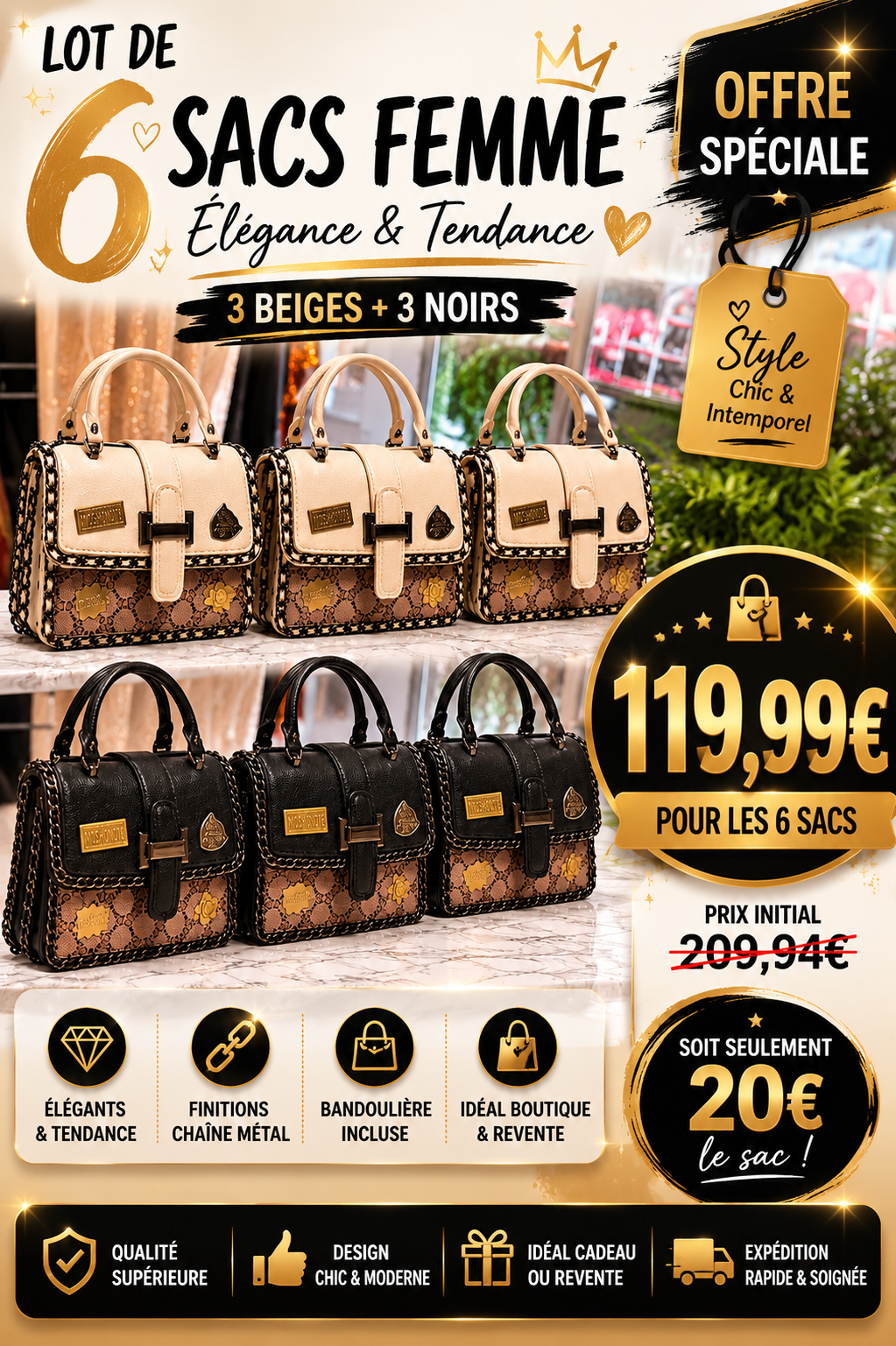 Lot de 6 sacs à main élégants e– 3 Beiges + 3 Noird